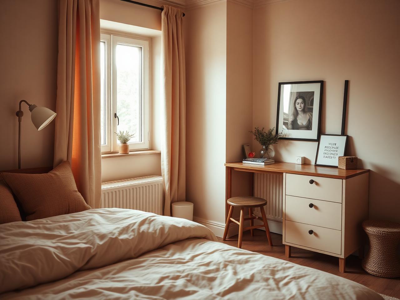 Warm bedroom with desk
